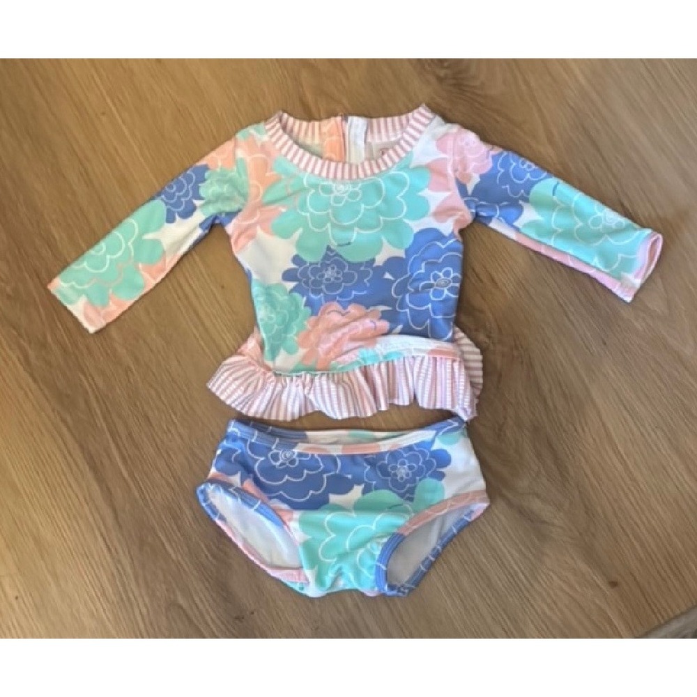 RuffleButts Baby Girls Floral Long Sleeve Swimsuit Set 3-6 Months